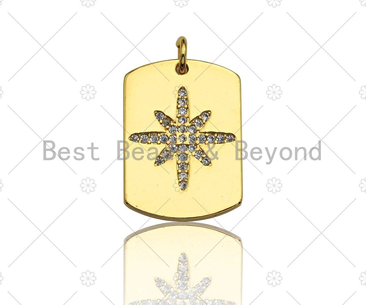 18k Shiny Gold Star On Rectangle Charms, Dog Tag Charms, Flower Pendant, Gold Pendant, Rectangle Necklace Charms, 15x21mm, Sku#Z1172