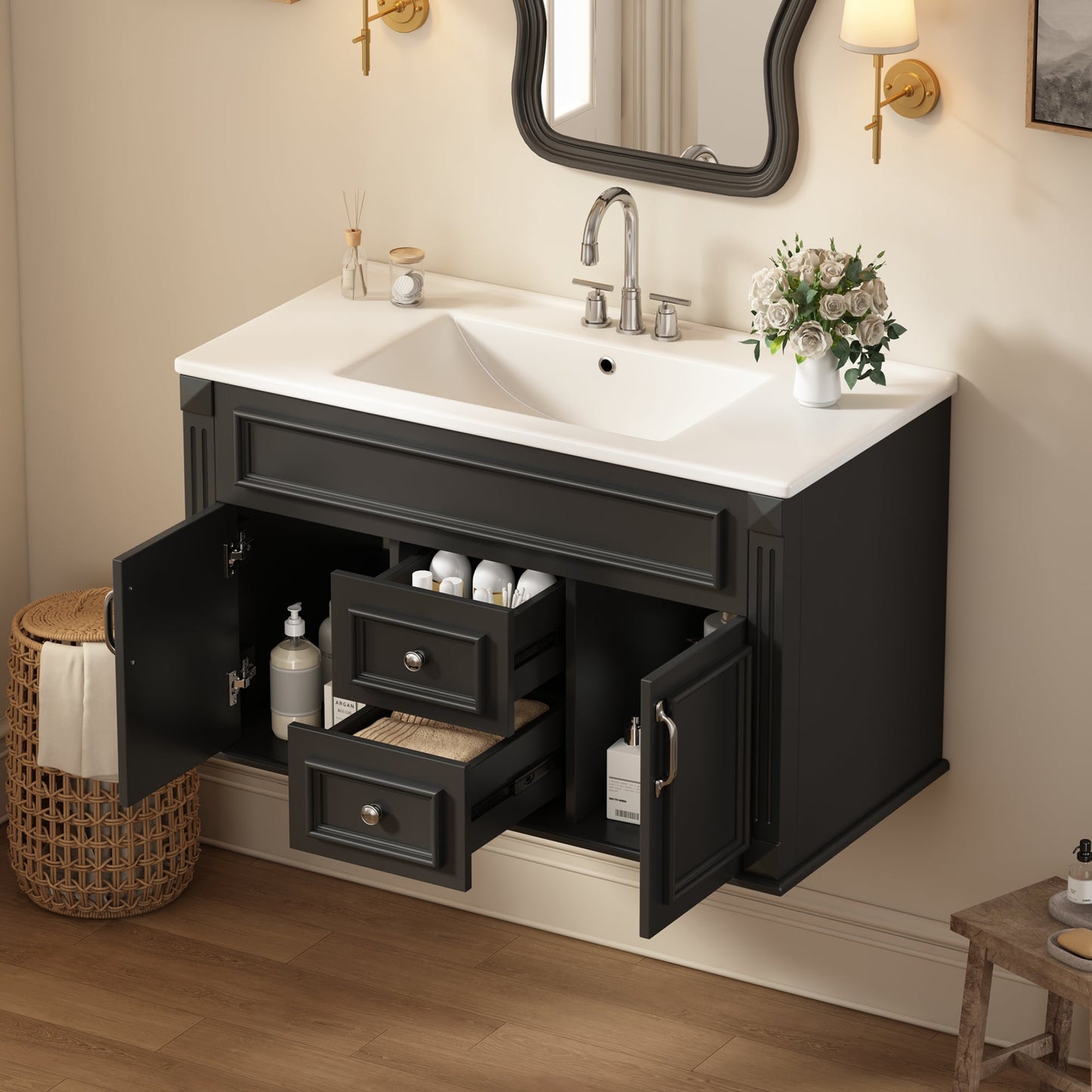 36 Inch Wall Mounted Bathroom Cabinet with Ceramic Sink