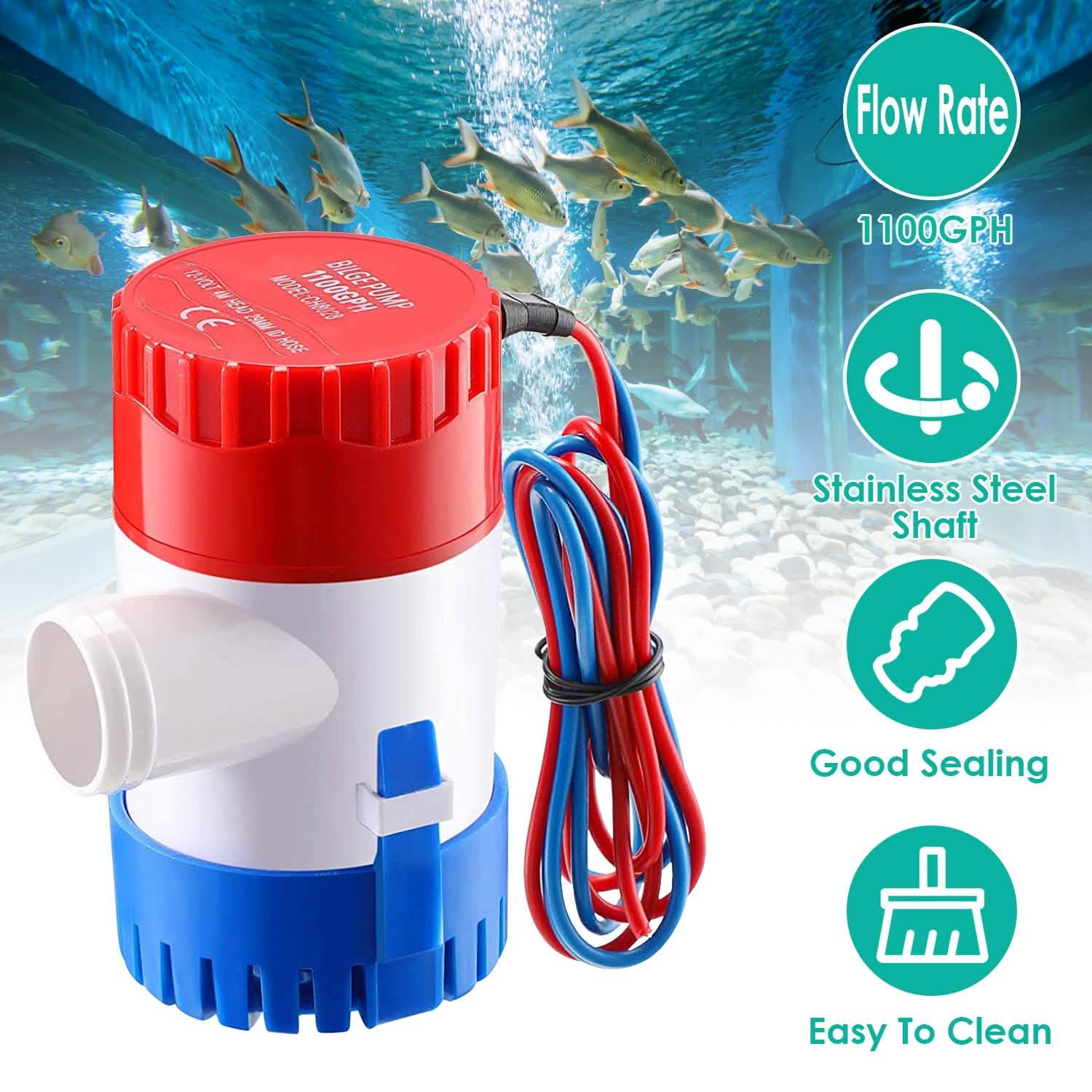 Pompe à eau électrique non automatique de cale submersible pour bateau, 12 V 1100 GPH