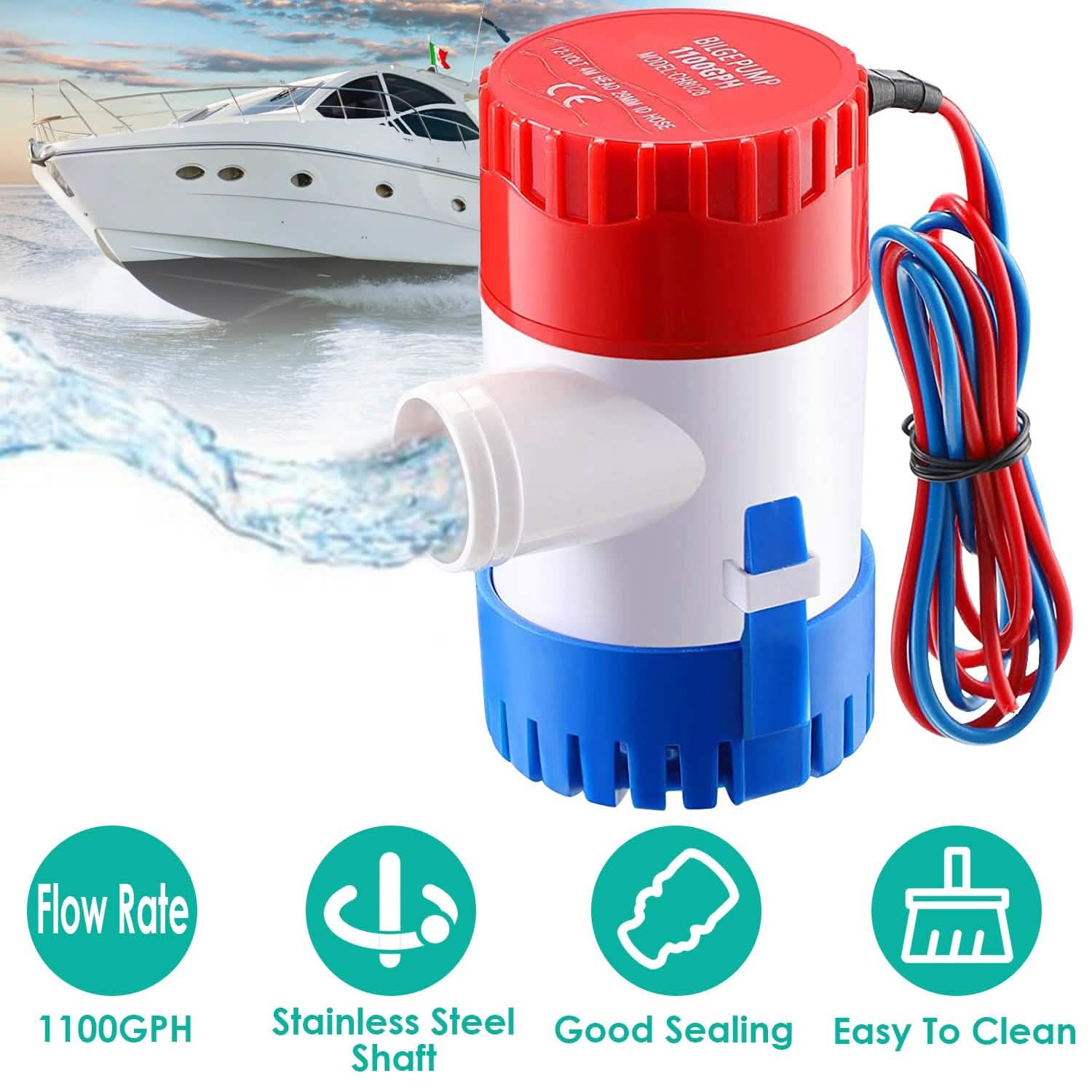 Pompe à eau électrique non automatique de cale submersible pour bateau, 12 V 1100 GPH