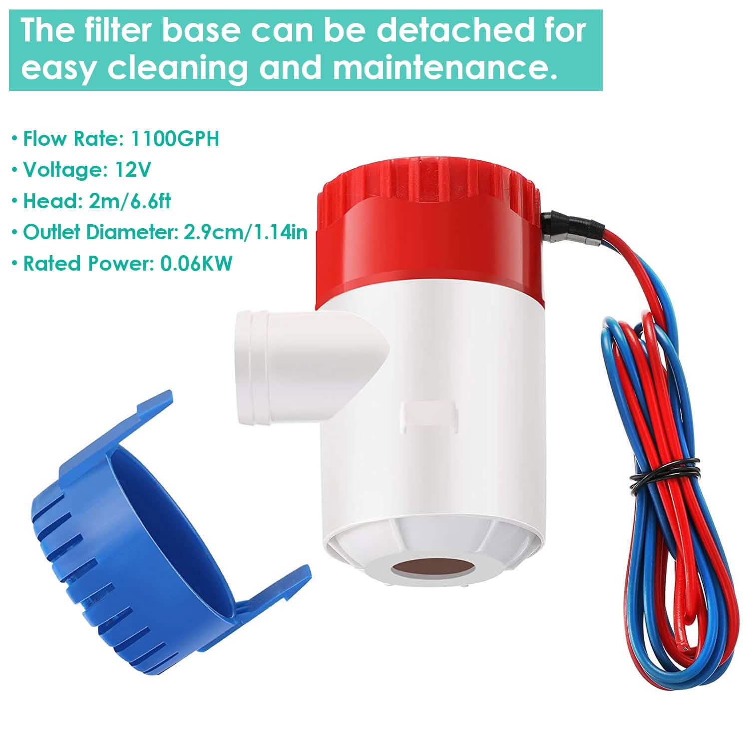 Pompe à eau électrique non automatique de cale submersible pour bateau, 12 V 1100 GPH
