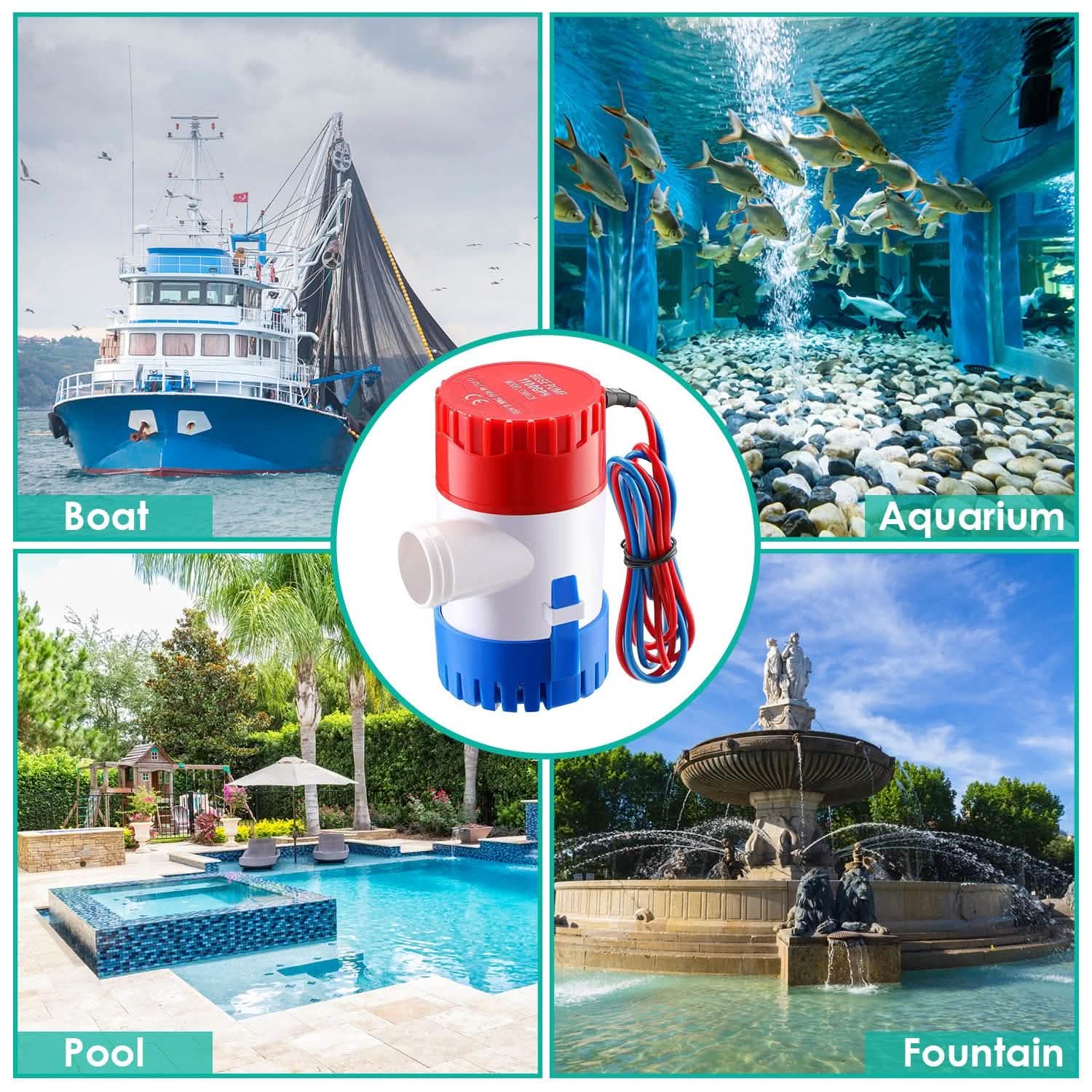 Pompe à eau électrique non automatique de cale submersible pour bateau, 12 V 1100 GPH