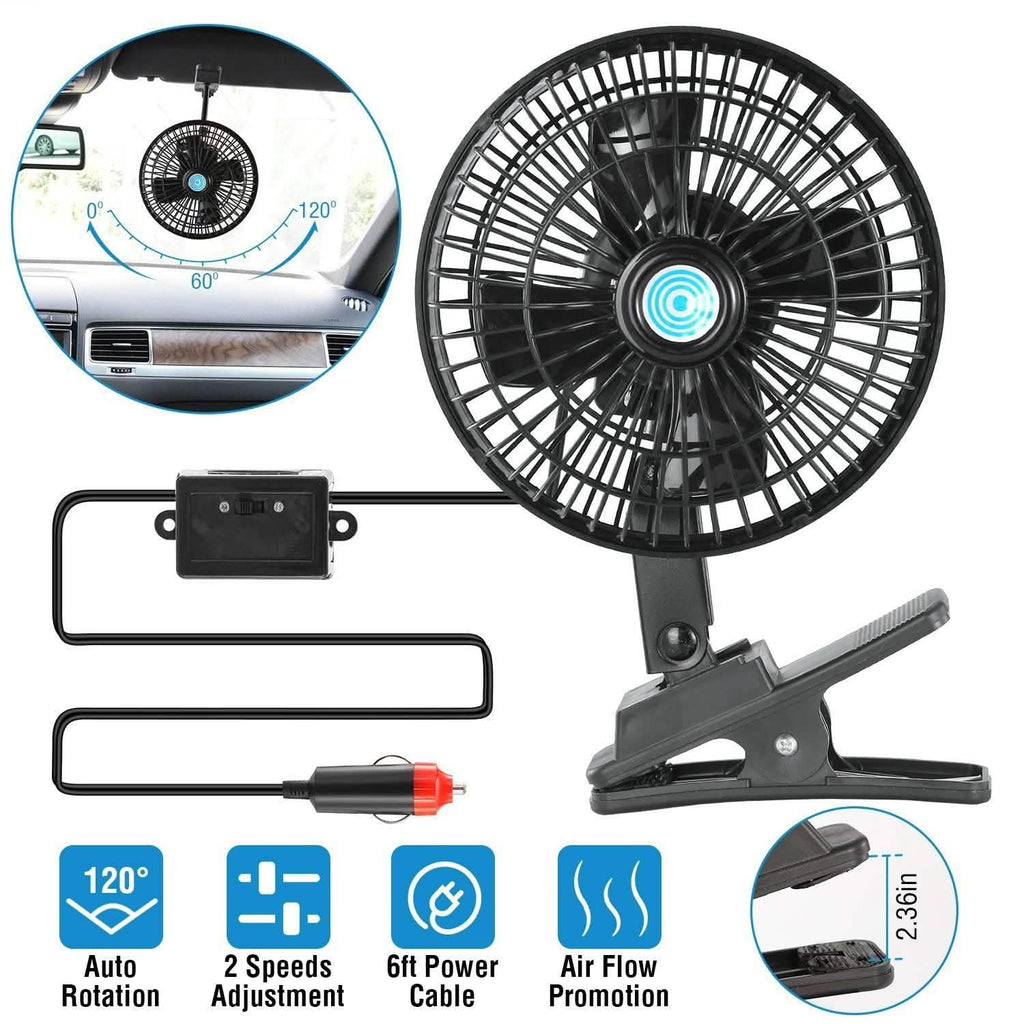 12V Car Fan Oscillating Clip on Cooling Fan with 2 Speeds 120° Rotation