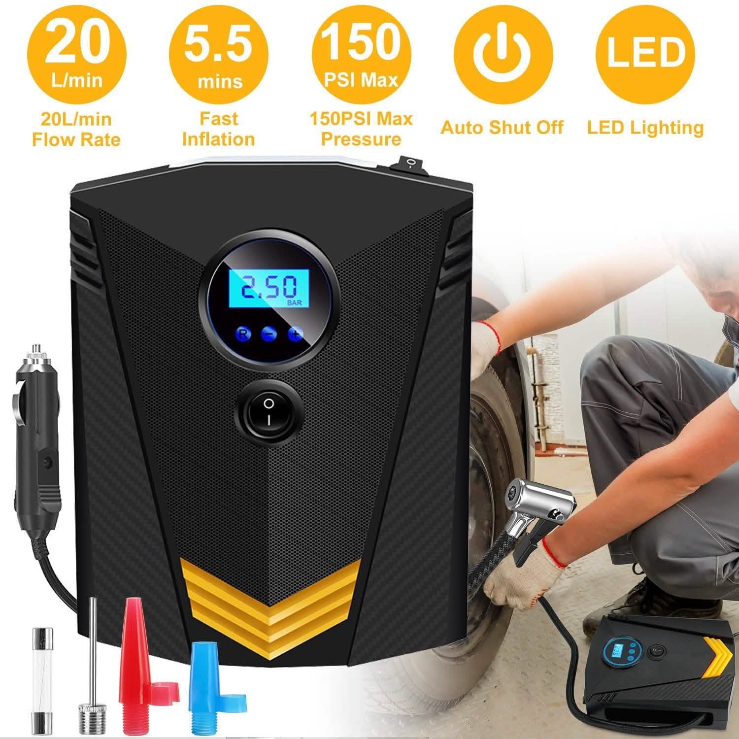 Gonfleur de pneus numérique 12V DC 100W 150PSI