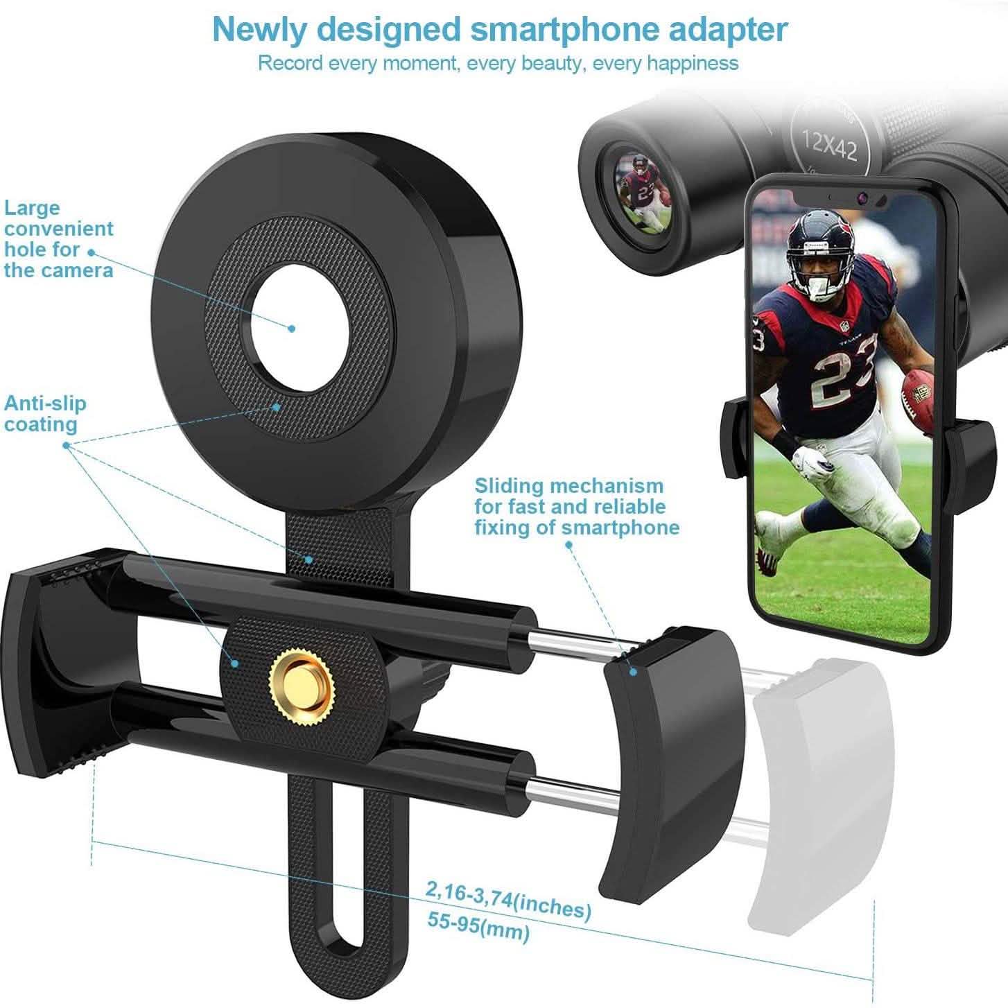Jumelles HD 12x42 pour adultes avec adaptateur universel pour téléphone