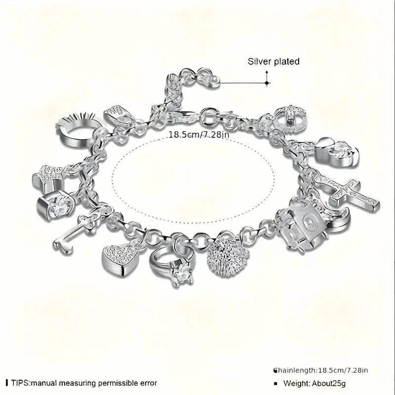 13 Pendant Charm Bracelet - Cubic Zirconia, No Plating, Fashion Jewelry Chain