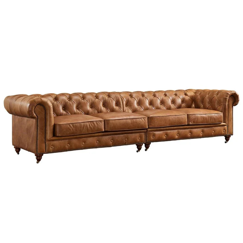 Preorder  Century Chesterfield Sofa - Light Brown Leather - 118"