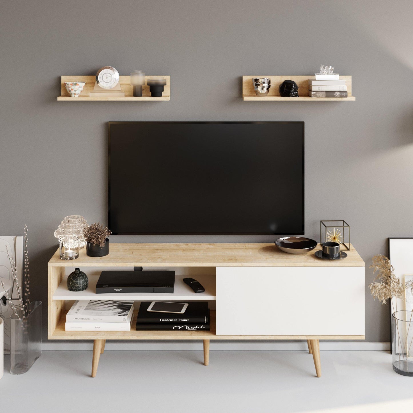 Pi 63" Wide TV Stand with Wall Shelves for TVs up to 72"