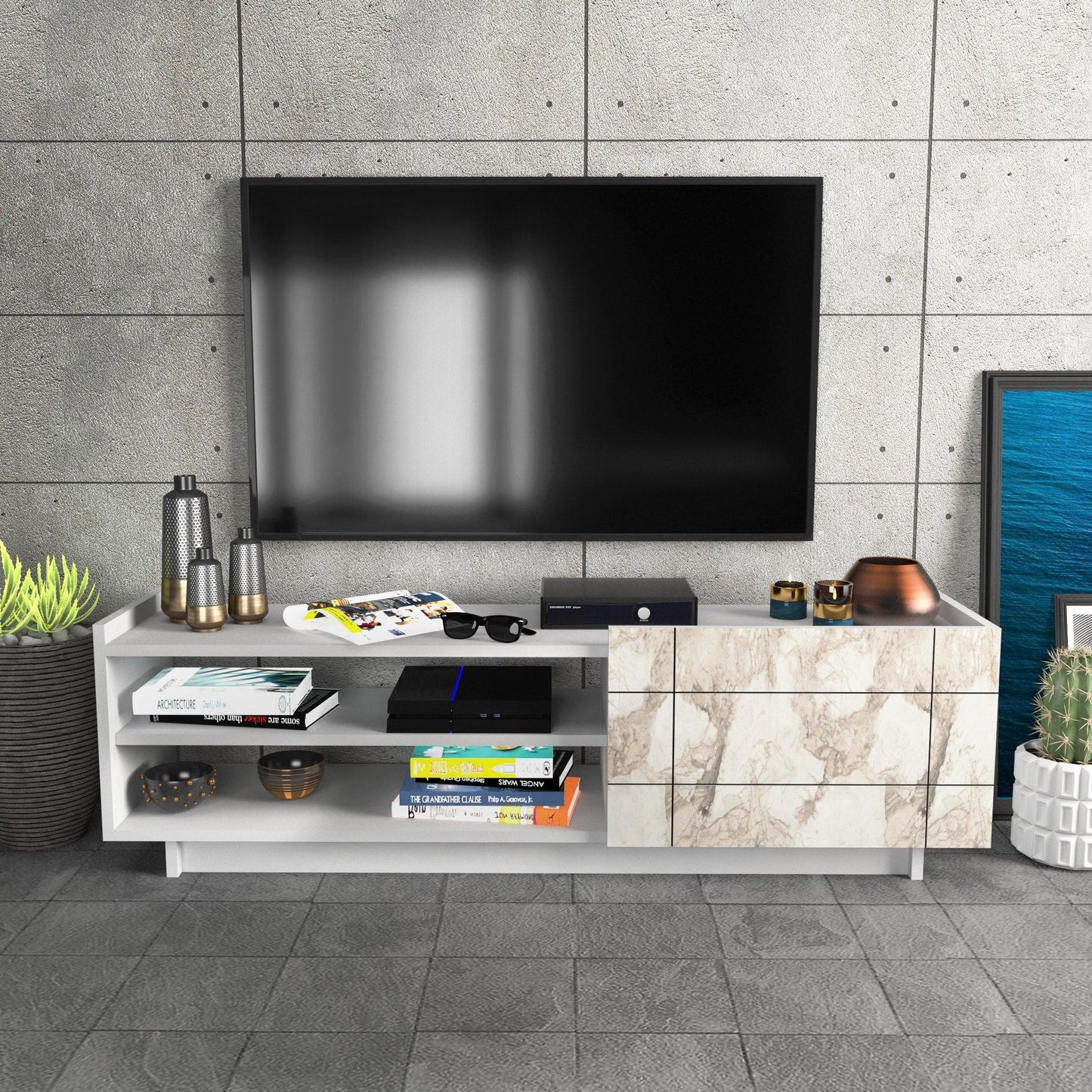 Valantina 55” Wide TV Stand & Media Console with A Cabinet & Shelves for TVs up to 63"