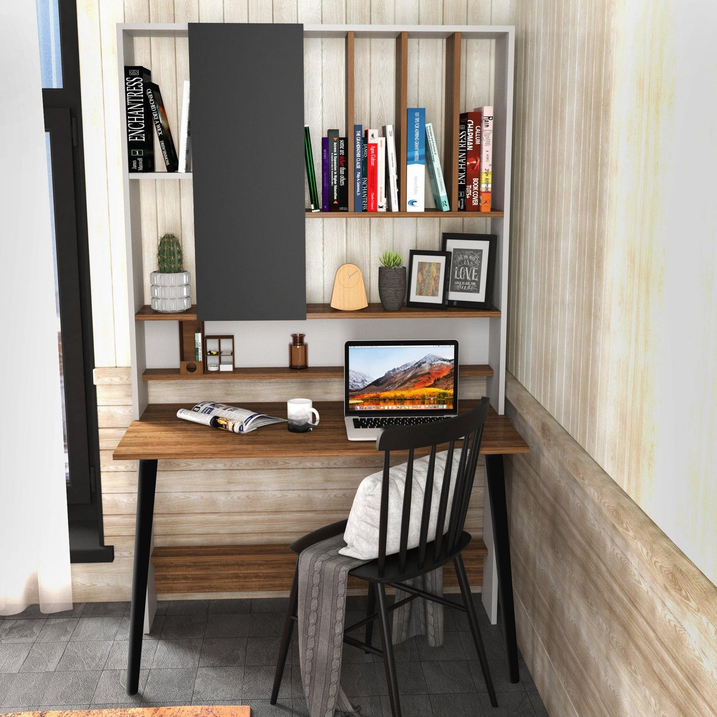 Wood 77" Tall Multifunctional Computer Credenza Desk with A Cabinet & Shelves