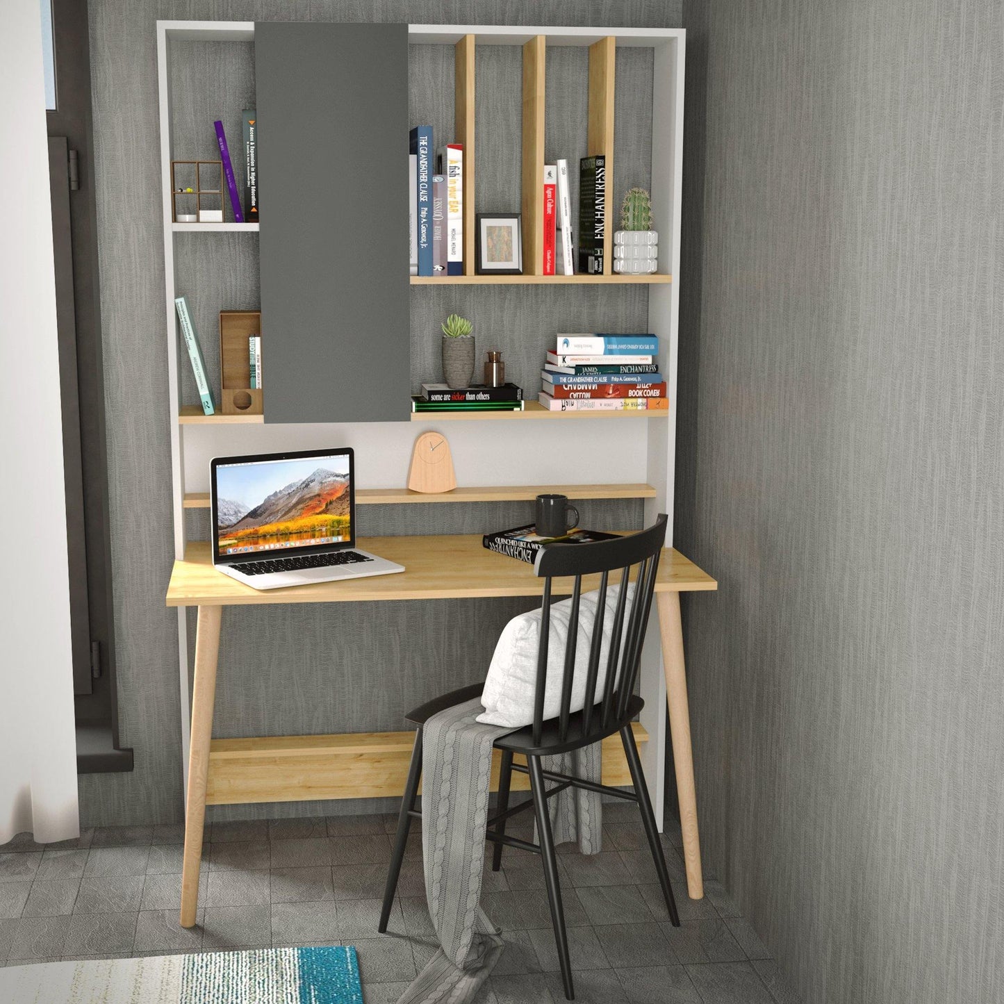 Wood 77" Tall Multifunctional Computer Credenza Desk with A Cabinet & Shelves