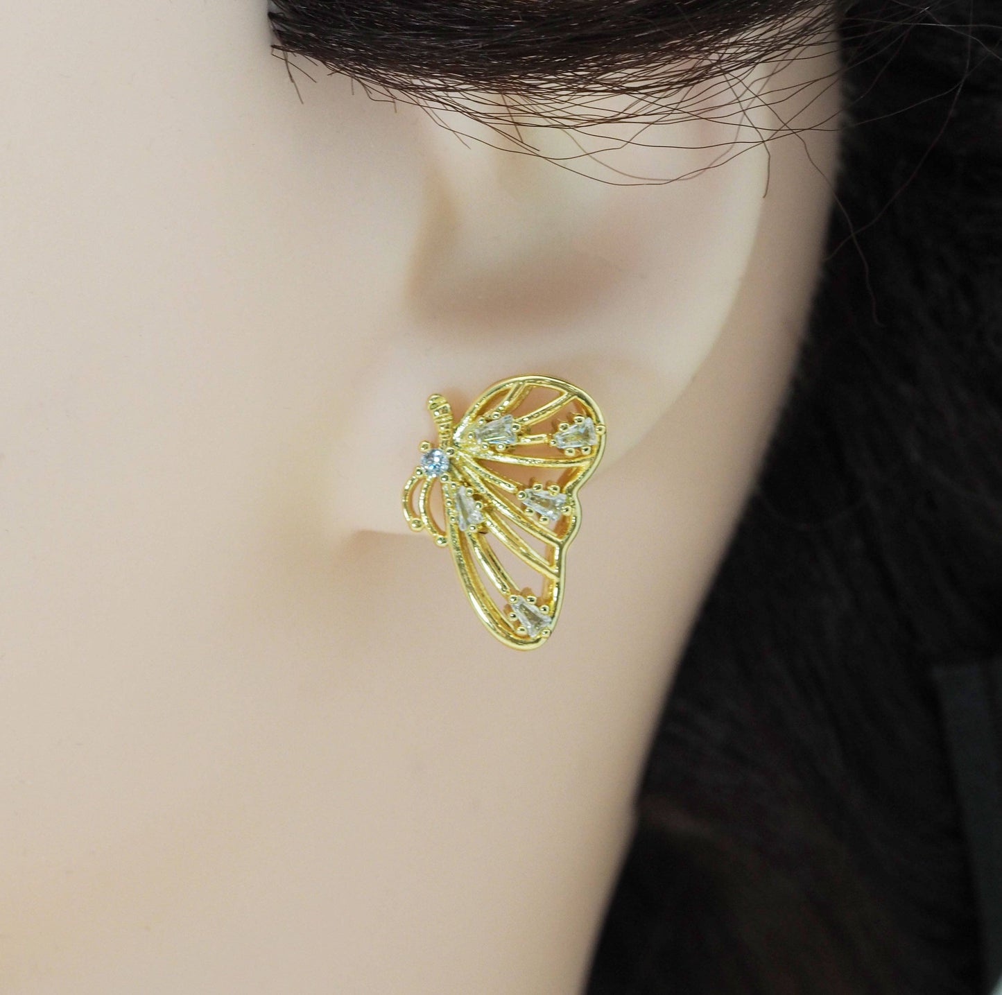 CZ Gold Butterfly Stud Earrings, Sku#LX162