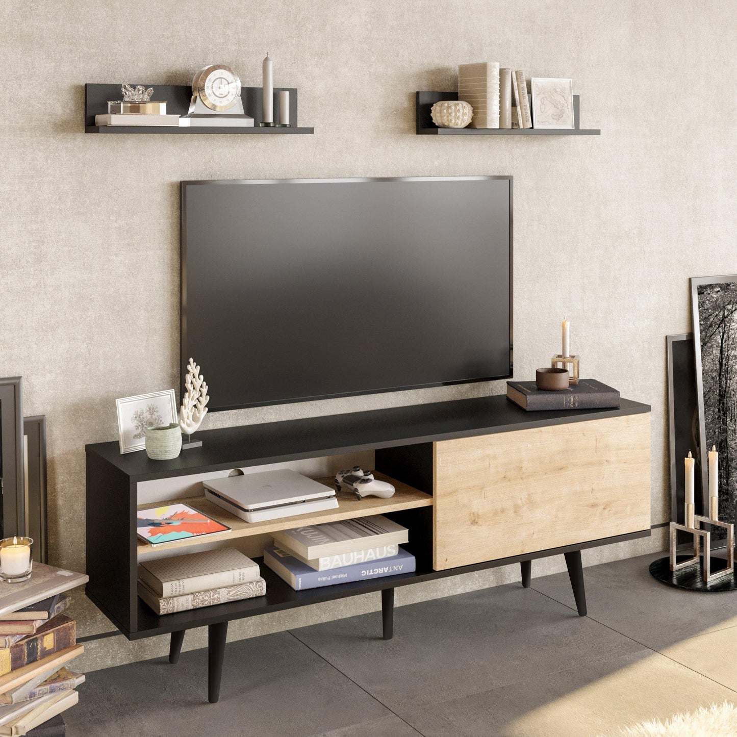 Pi 63" Wide TV Stand with Wall Shelves for TVs up to 72"
