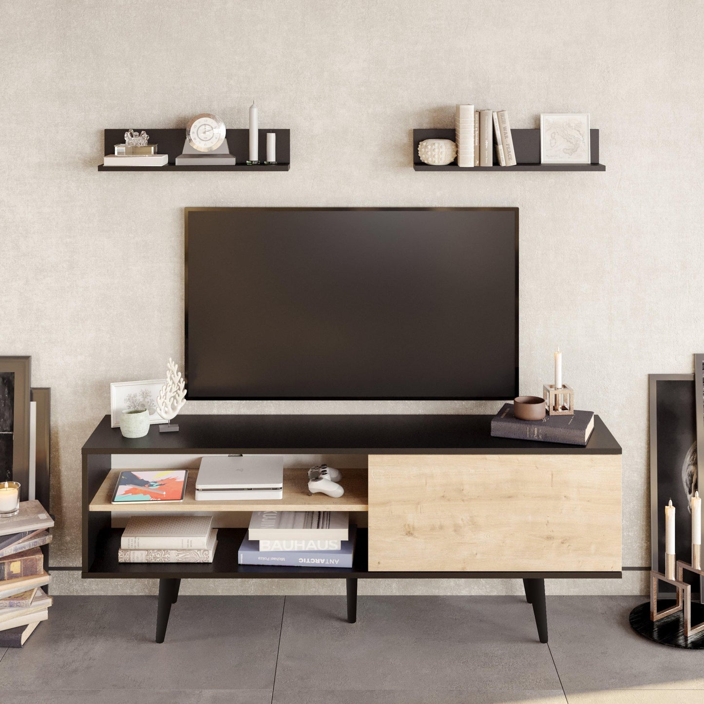 Pi 63" Wide TV Stand with Wall Shelves for TVs up to 72"