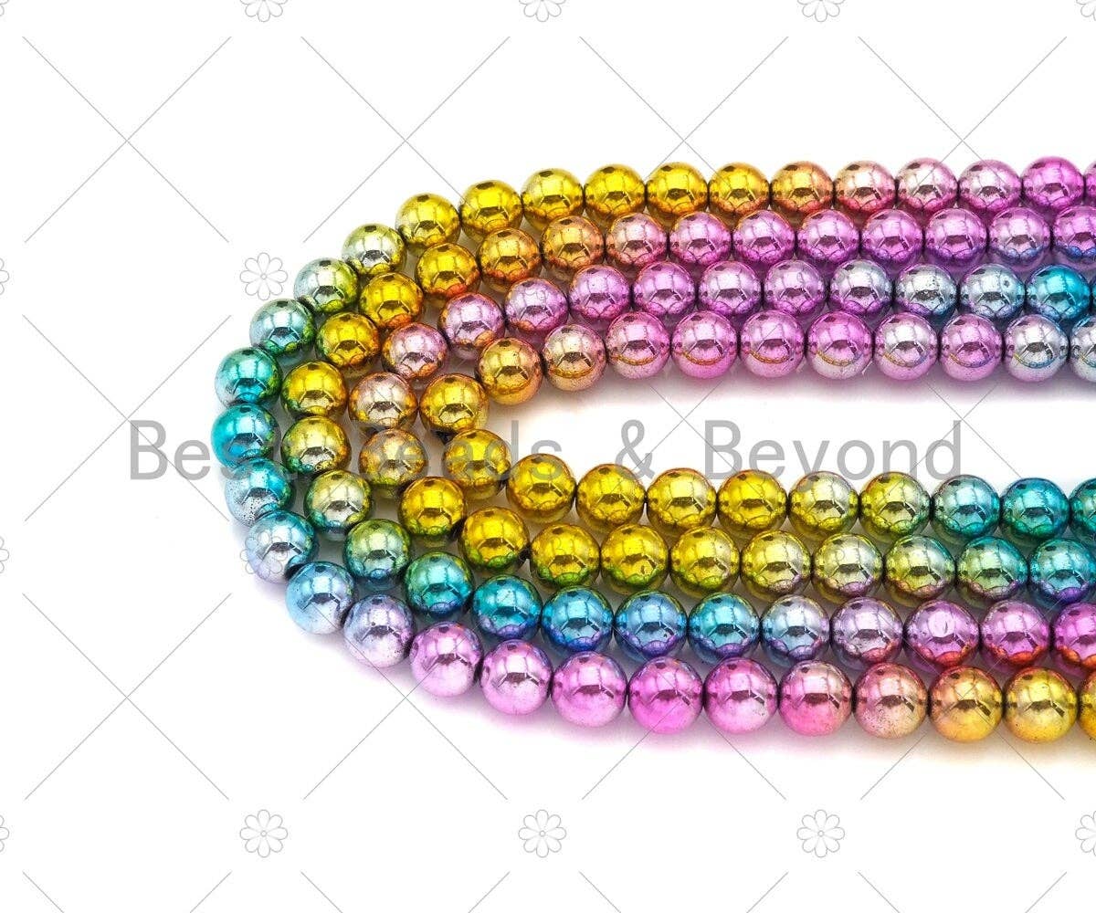NEW!!! Rainbow Natural Hematite Round Smooth Beads, Gold Green Purple Blue Pink Color 4mm/6mm/8mm Hematite, 15.5'' Full Strand, Sku#S136