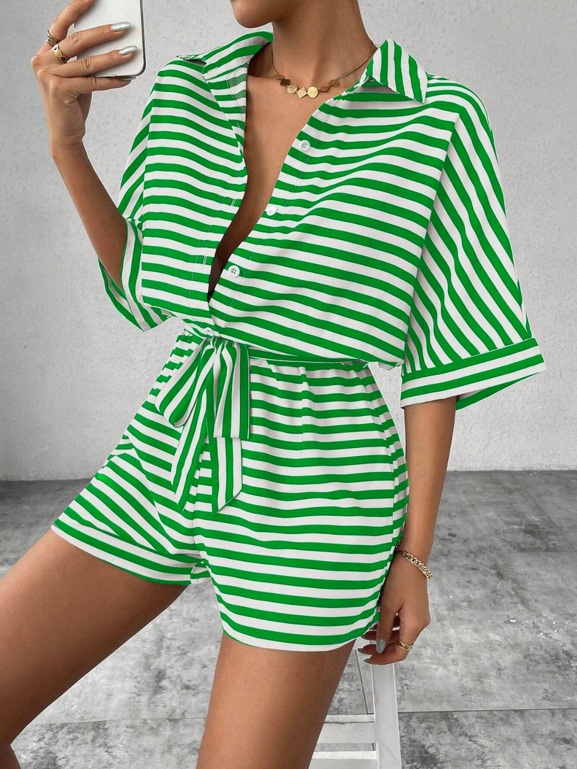 Tie Waist Half Button Striped Romper