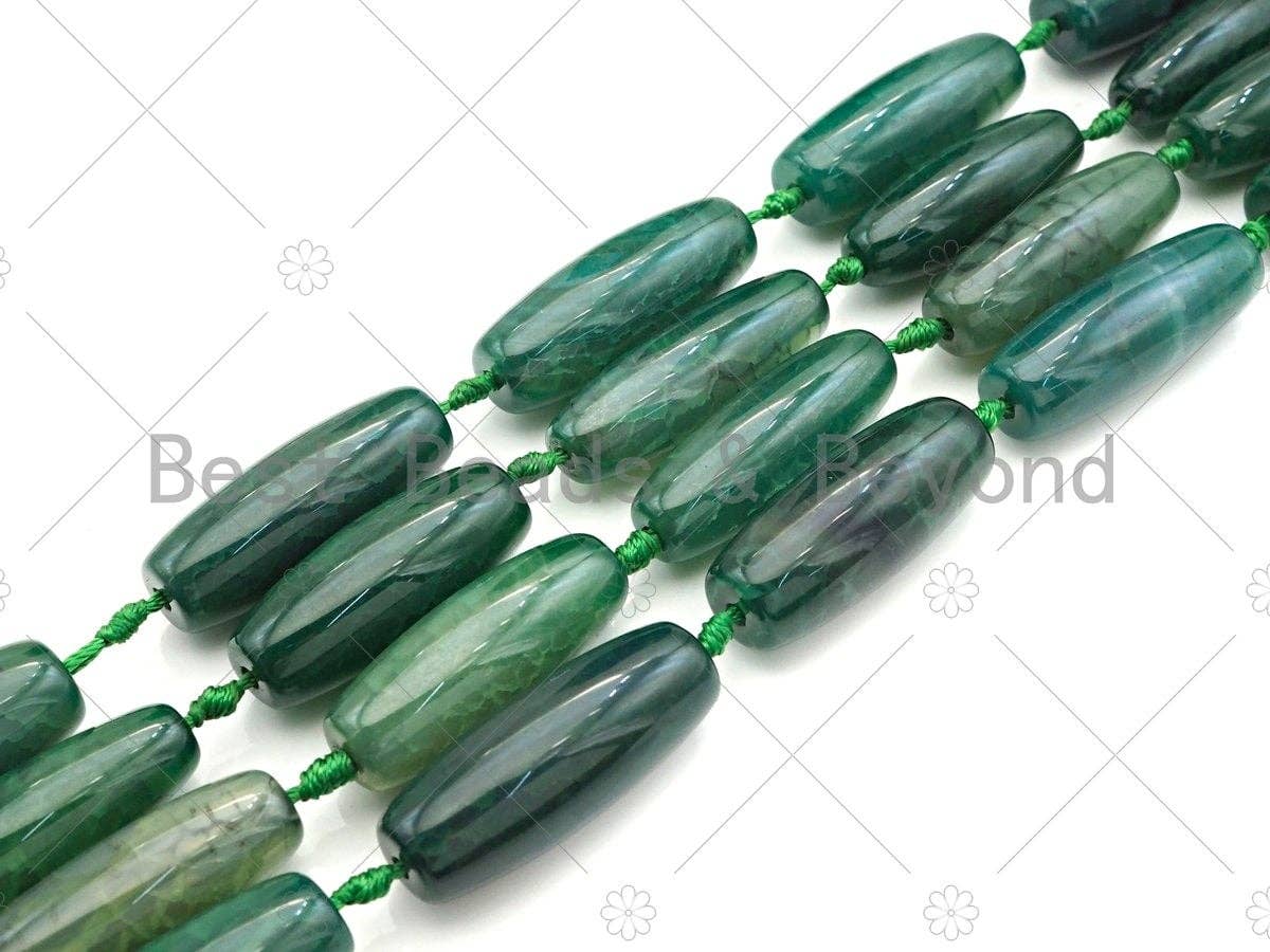 Natural Dark Green Agate Barrel Spacer Beads, Green Agate Spacer Beads, Tibetan Dzi Beads, 14x40mm, Sku#U1025