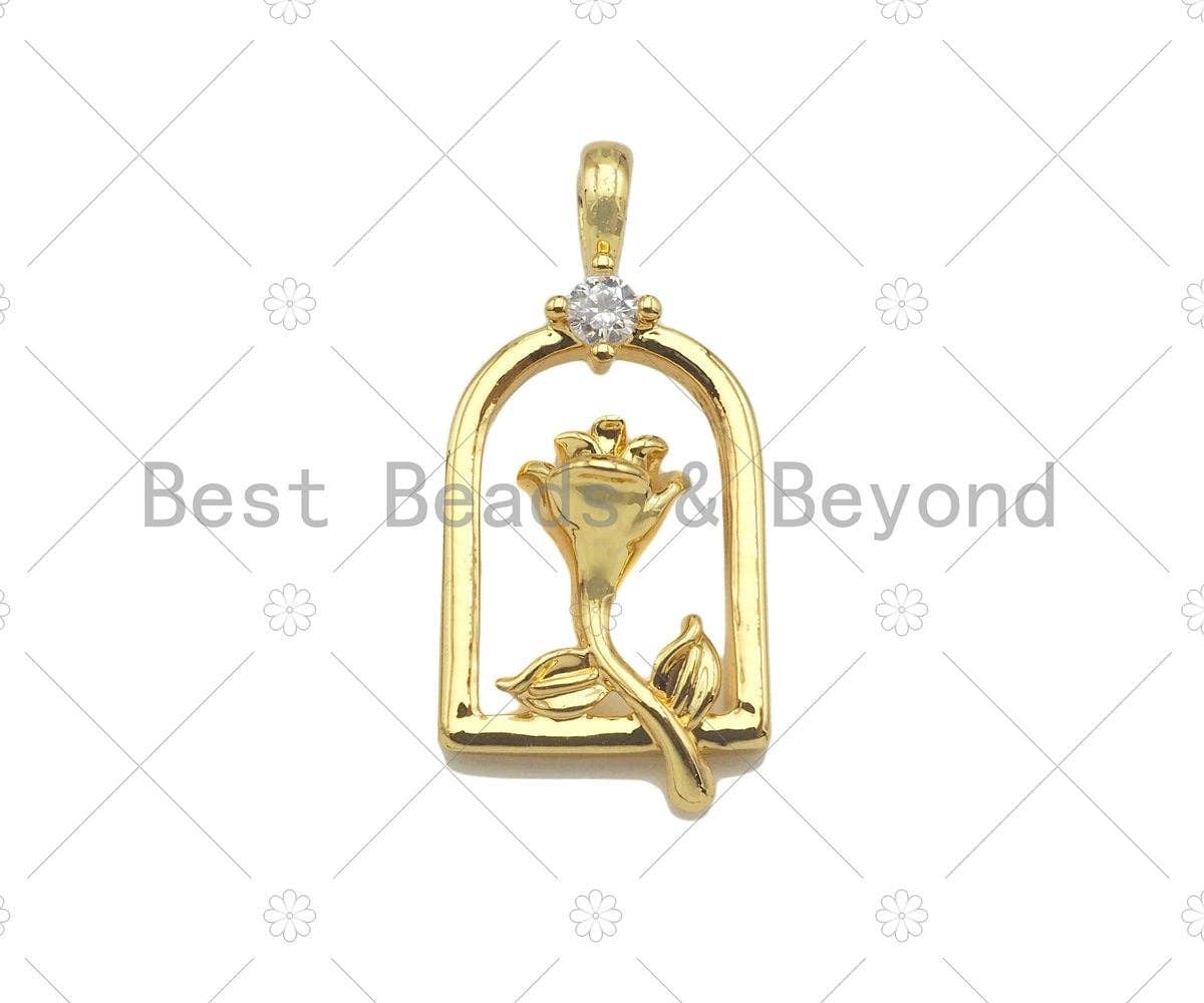 CZ Micro Pave Rose Flower On Birdcage Frame Shape Pendant/Charm, 18K Gold Charm, Necklace Bracelet Charm Pendant,11x23mm, Sku#LK259