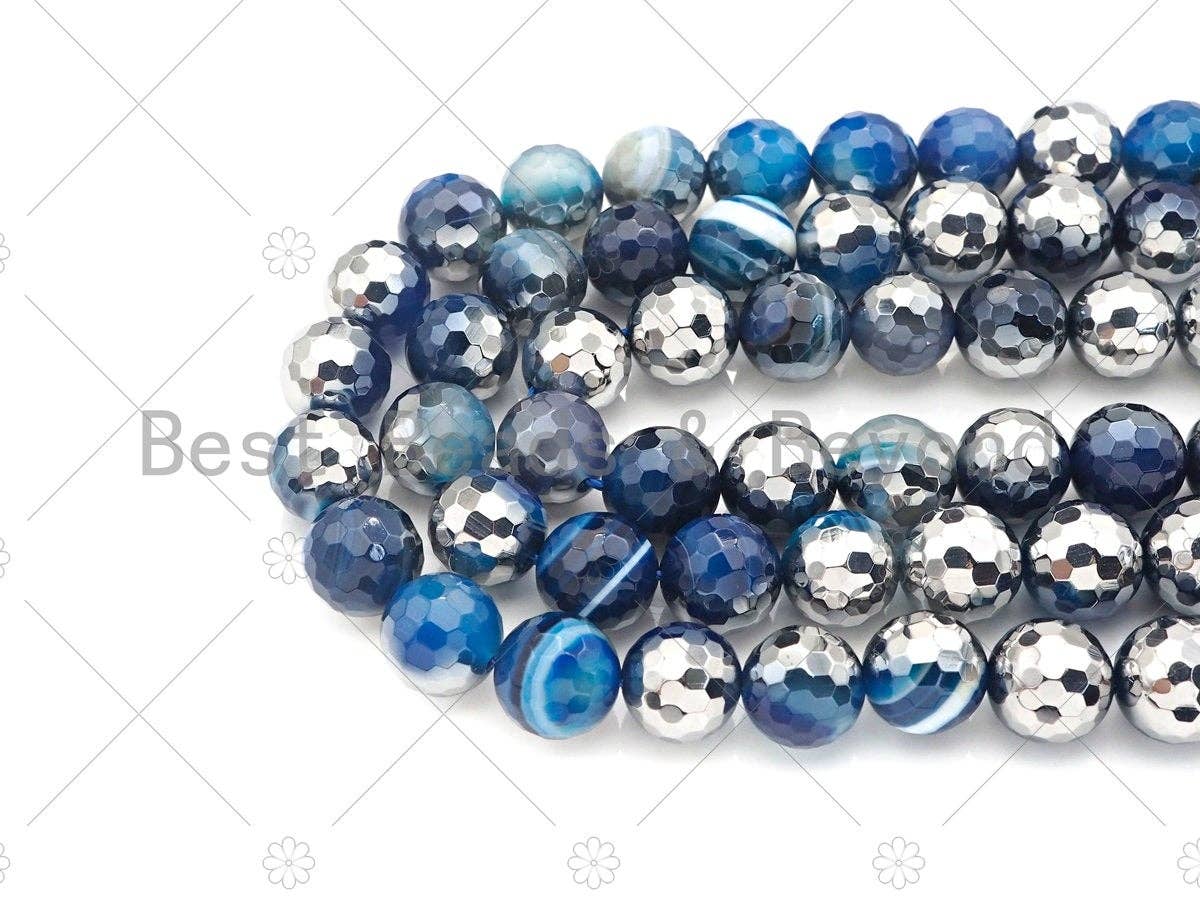 Natural Half Silver Plated Blue Agate Beads, 8mm/10mm/12mm R