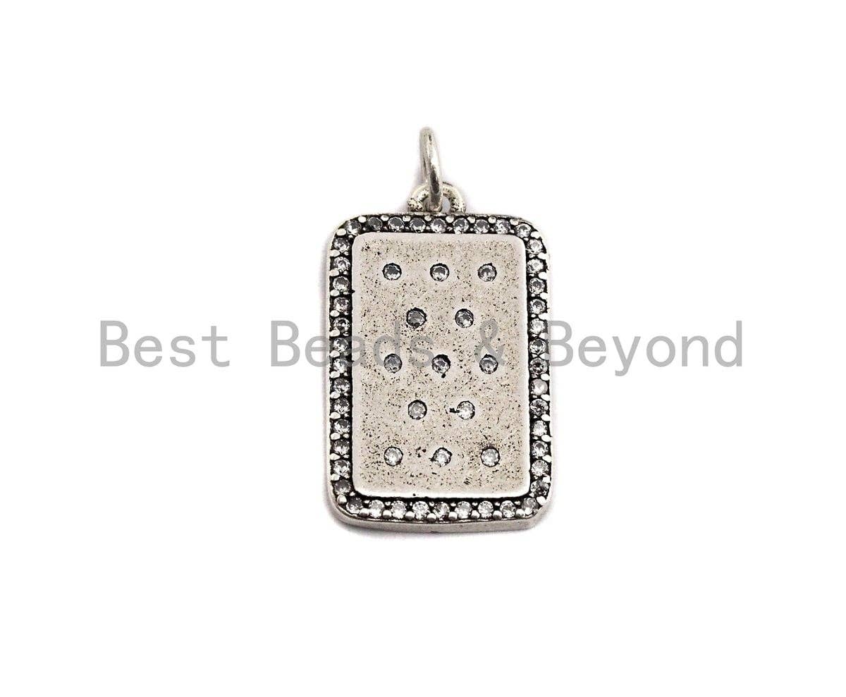 CZ Micro Pave Flat Rectangle Pendant, Antique Silver Tone, Clear Cubic Zirconia Big Pave Charm Pendant, 13x22mm,sku#F1015C