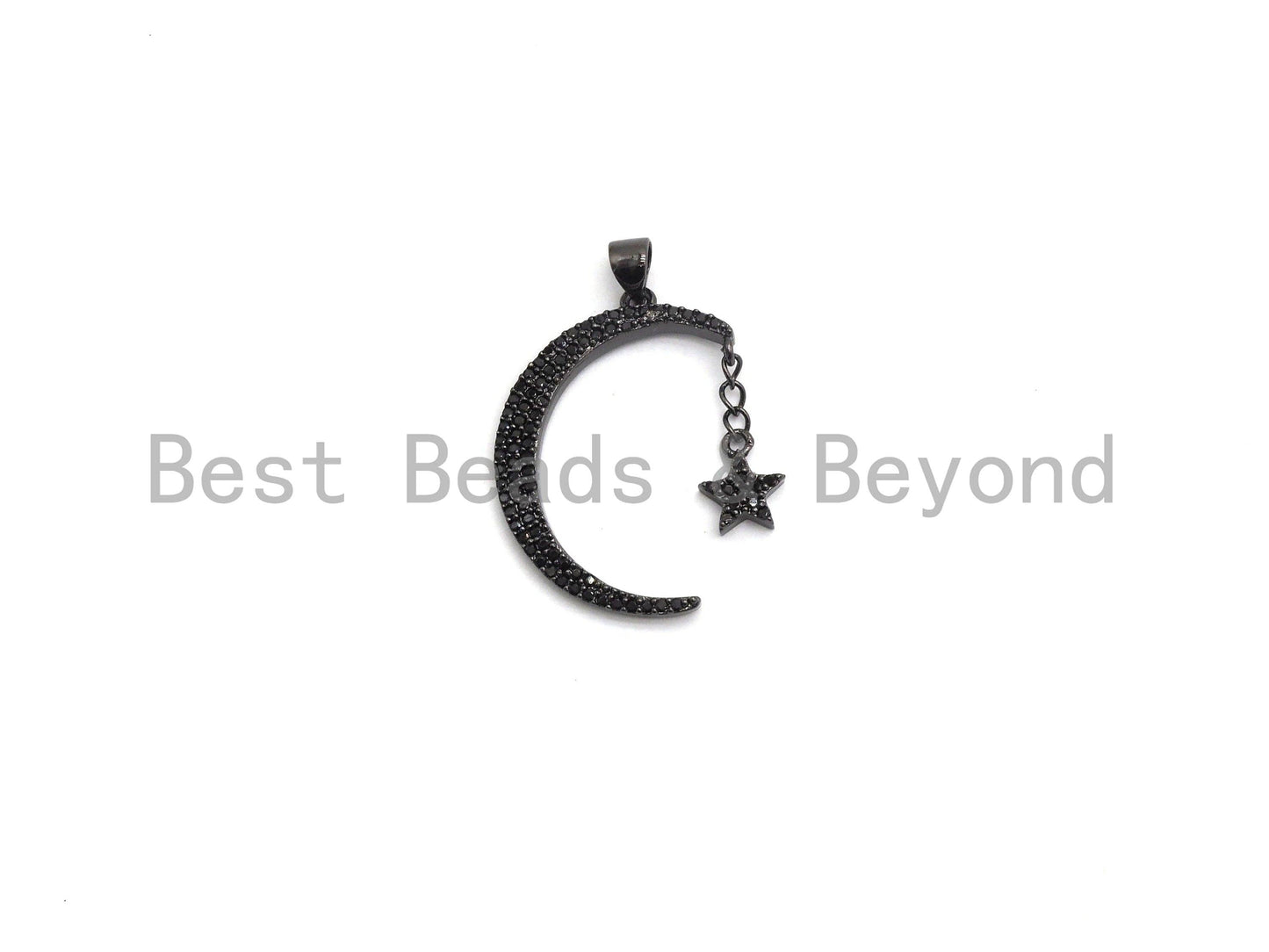 CZ Micro Pave Crescent Moon and Star Pendant ,Gold/Silver/Black/Rose Gold ,Cubic Zirconia Jewelry Findings,19x29mm,sku#F645