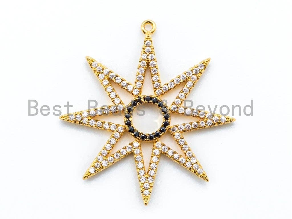CZ Micro Pave 37mm Eight Points Star Pendant Charm, Black Clear CZ Pave in Gold Silver Rose Gold Finish, Star Pendant Charm,sku#B16
