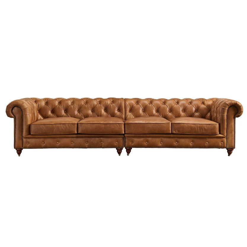 Preorder  Century Chesterfield Sofa - Light Brown Leather - 118"