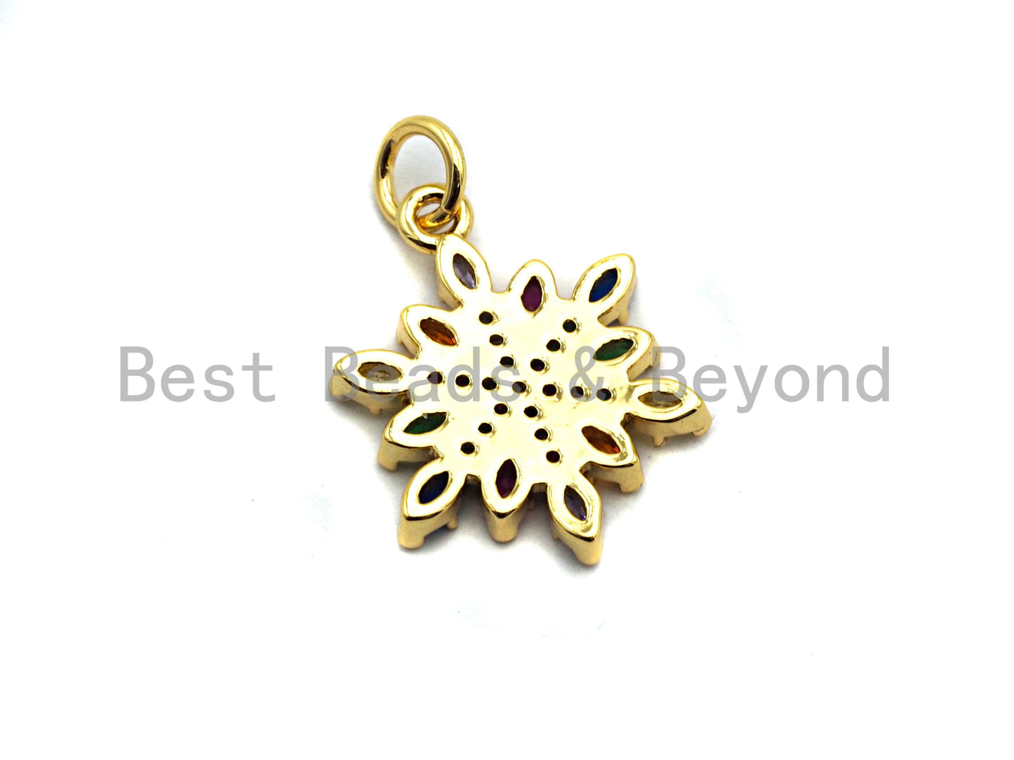 CZ Colorful Micro Pave Round With Snowflake Pendant, Snowflake  Shaped Pave Pendant, Gold plated, 14x18mm, Sku#F823