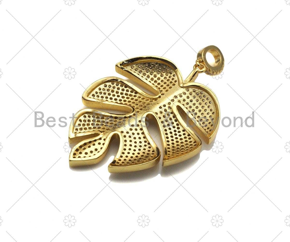 Large CZ Micro Pave Banana Leaf Shape Pendant,Leaf Cubic Zirconia Pendant, Silver/Gold /Rose Gold/Black Tone, 31x42mm,Sku#ML06