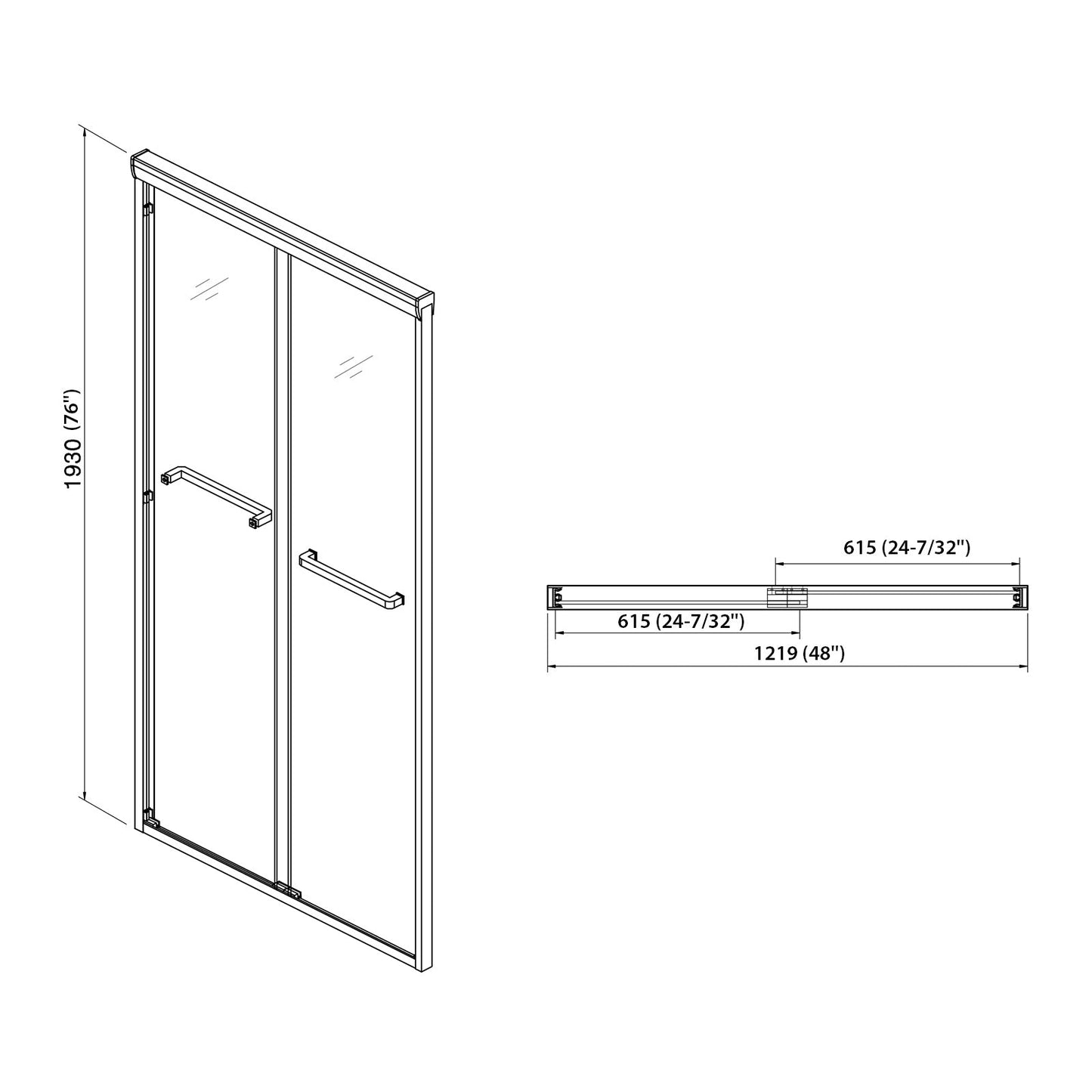 Double Sliding Shower Door 48" W x 76"H - Matte Finish