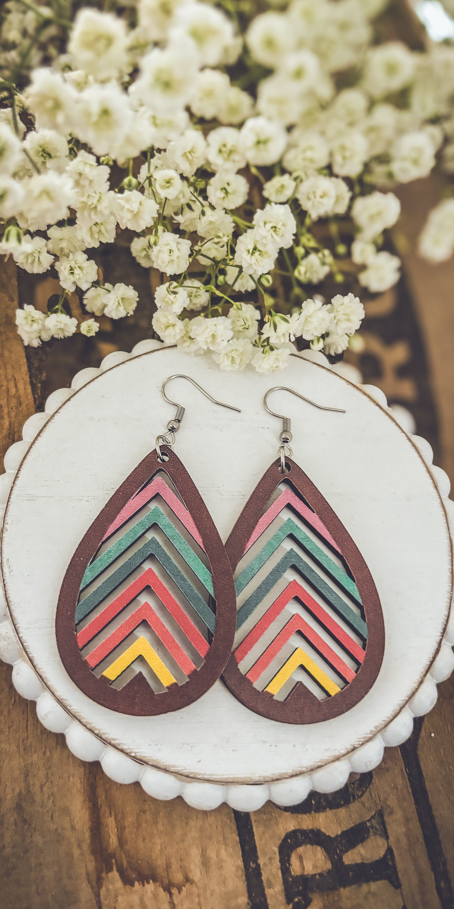 Wooden Rainbow Mountains Laser Cut Earrings