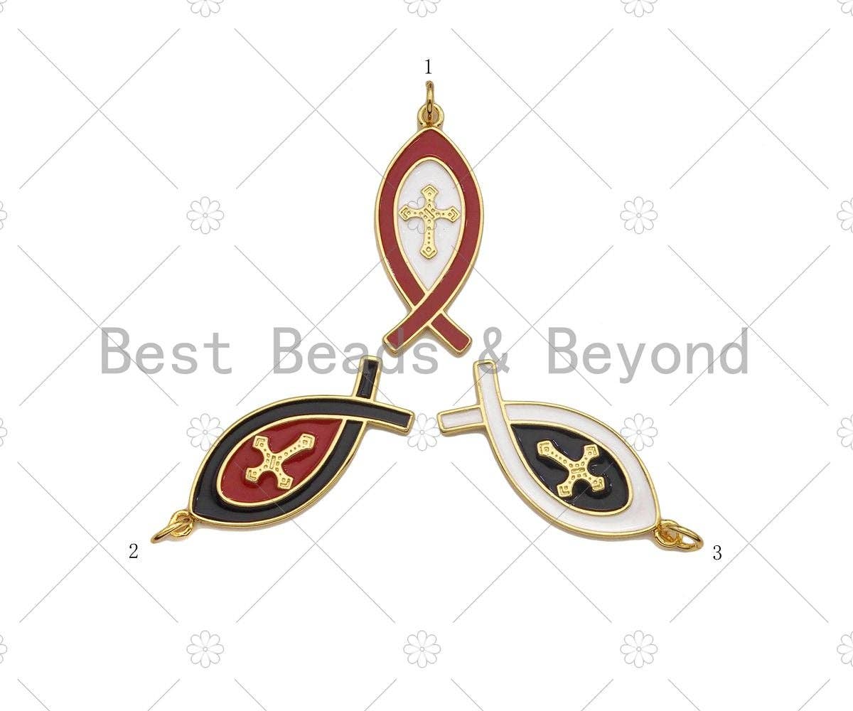 18K Gold Cross On Red/Black Enamel Fish Shape Pendant,Enamel Charm,Enamel Jewelry,13x31mm,Sku#LK303