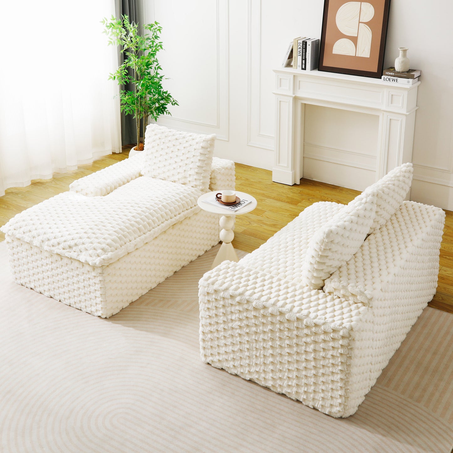 White Turtle Velvet Versatile Sofa: Convertible Twin-Seat with Left Chaise Lounge