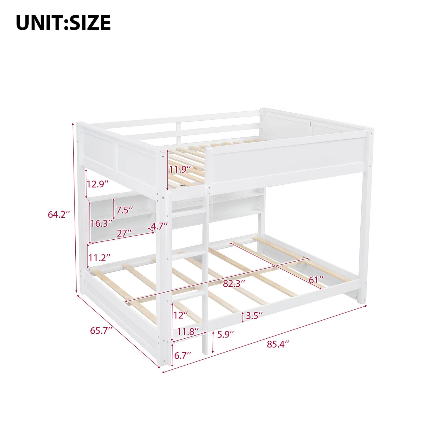 Queen Over Queen Bunk Bed with Storage Cabinets and USB Ports