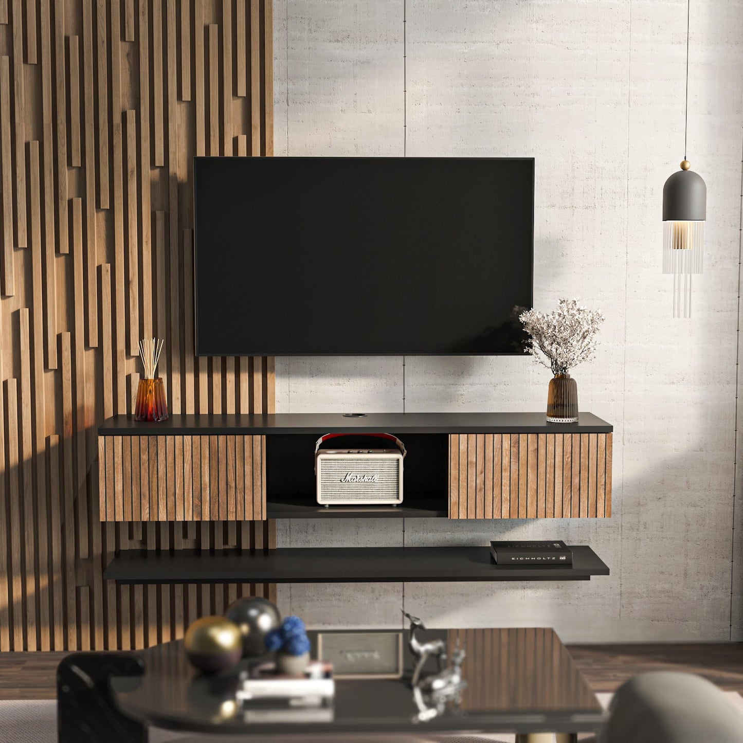 Elia 55” Floating TV Stand with Wall Shelf
