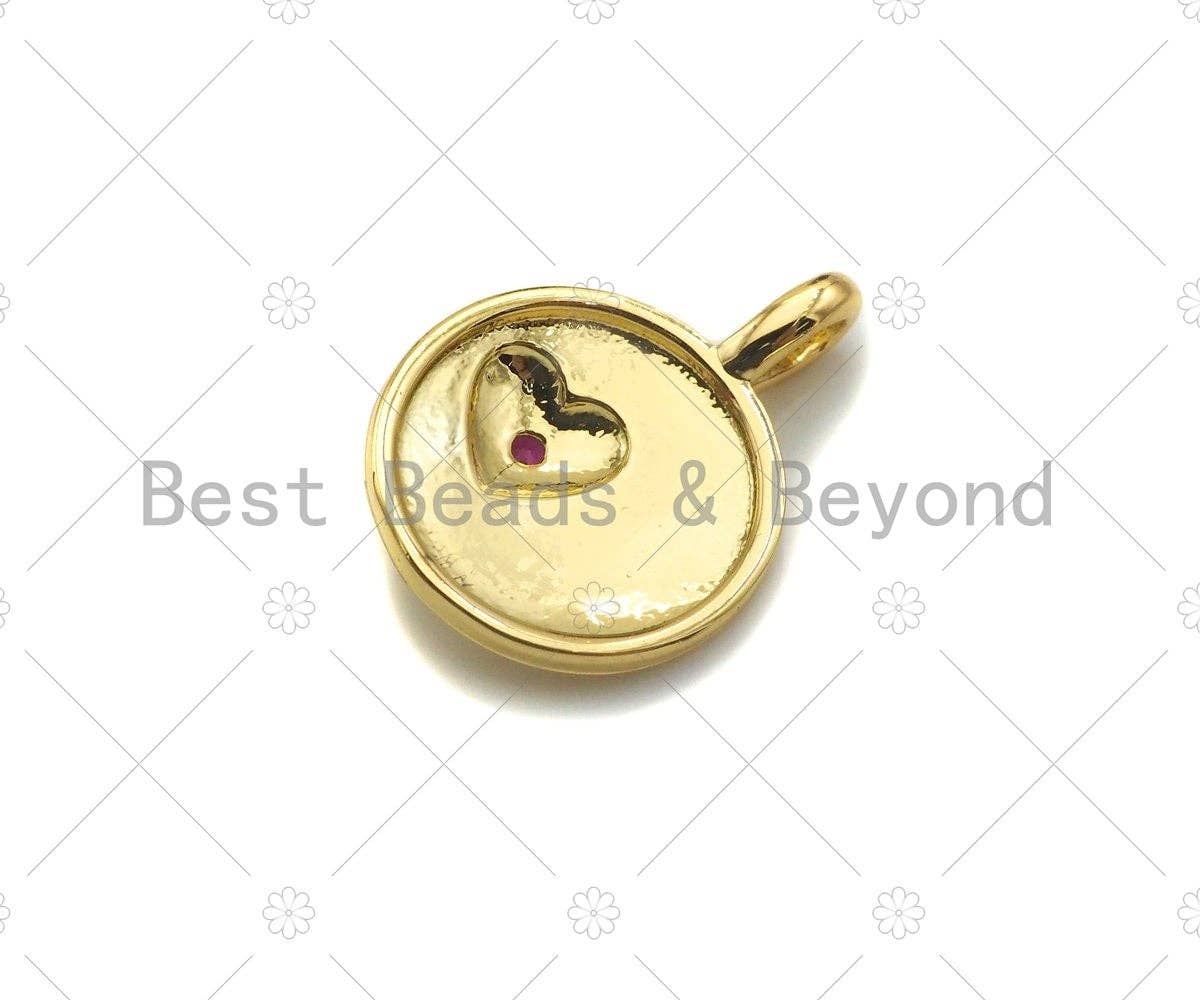 Fuchsia CZ Micro Pave Heart On Round Coin Shape Charm,18K Dianty Gold Medallion  Charm, Necklace Bracelet Charm Pendant,13x18mm, Sku#LK257