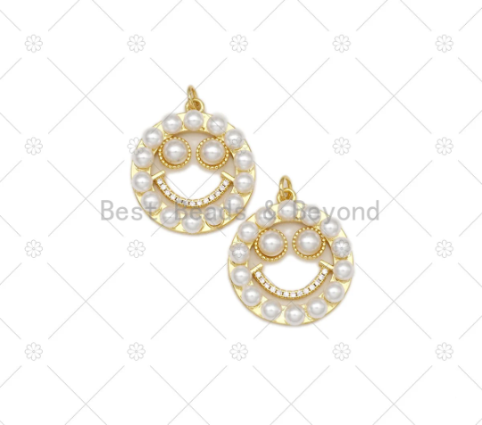 CZ Micro Pave with Pearl Smiley Face On Round Ring Shape Pendant,18K Gold Filled Charm, Necklace Bracelet Charm Pendant,23x26mm,Sku#LK460
