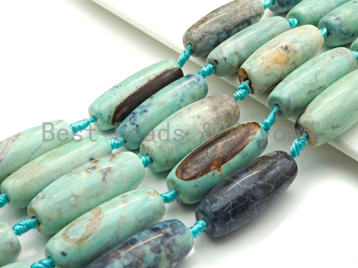 1pc/8pc Natural Turquoise Blue Agate Barrel Spacer Beads, Blue Black Agate Spacer Beads, Tibetan Dzi Beads, 14x40mm, sku#U884