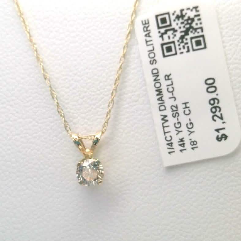 Pendentif solitaire en véritable diamant 0,25 carat (total) 4000 $ en or jaune massif 14 carats, chaîne 18"
