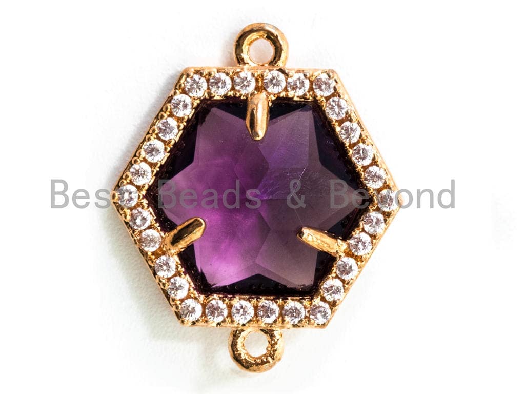 Hexagon Bezel Connector with Faceted Glass, Gold Plated CZ Micro Pave Frame Connector, Black/Green/Purple/Smoke, 14x18mm, sku#A78