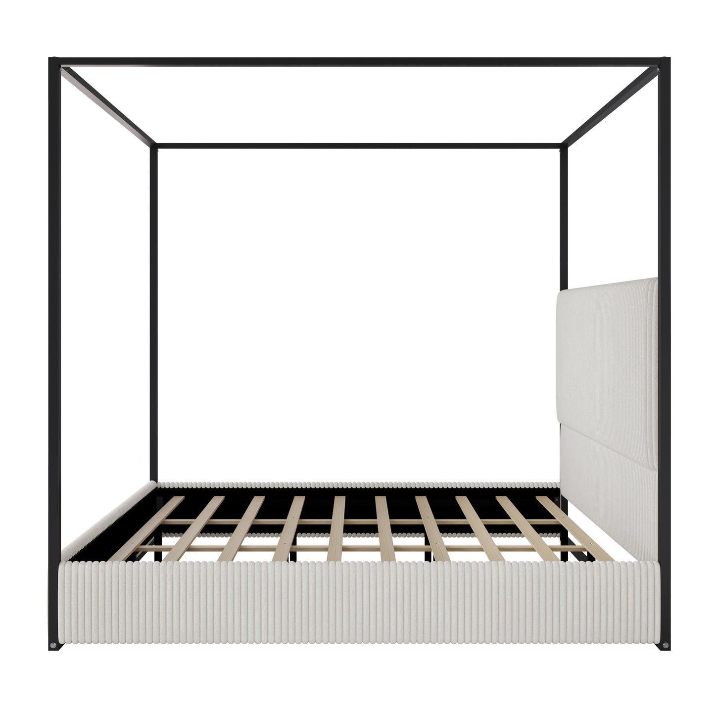 Modern Luxury Metal Canopy Bed with Tall Corduroy Upholstered Headboard