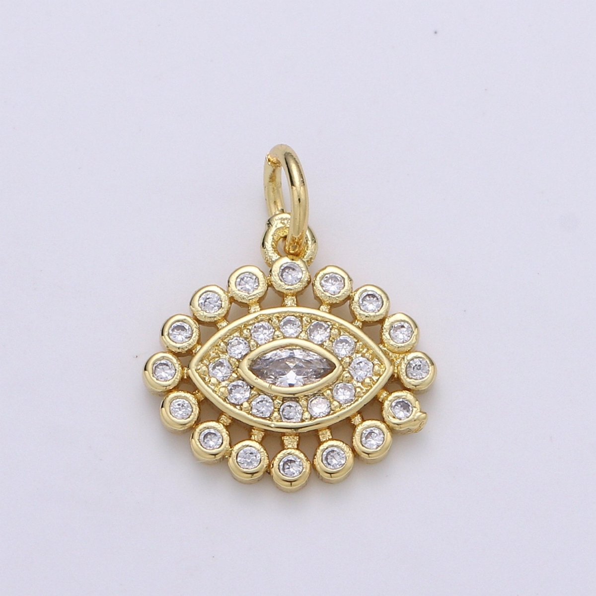 14K ClusterCubicEvil Eye Gold Filled Pendant, Micro Pave Evil Eye Charm, Clear Cubic Charms, CZGold Evil Eye Charm, Sun Burst Jewelry Supply D-223