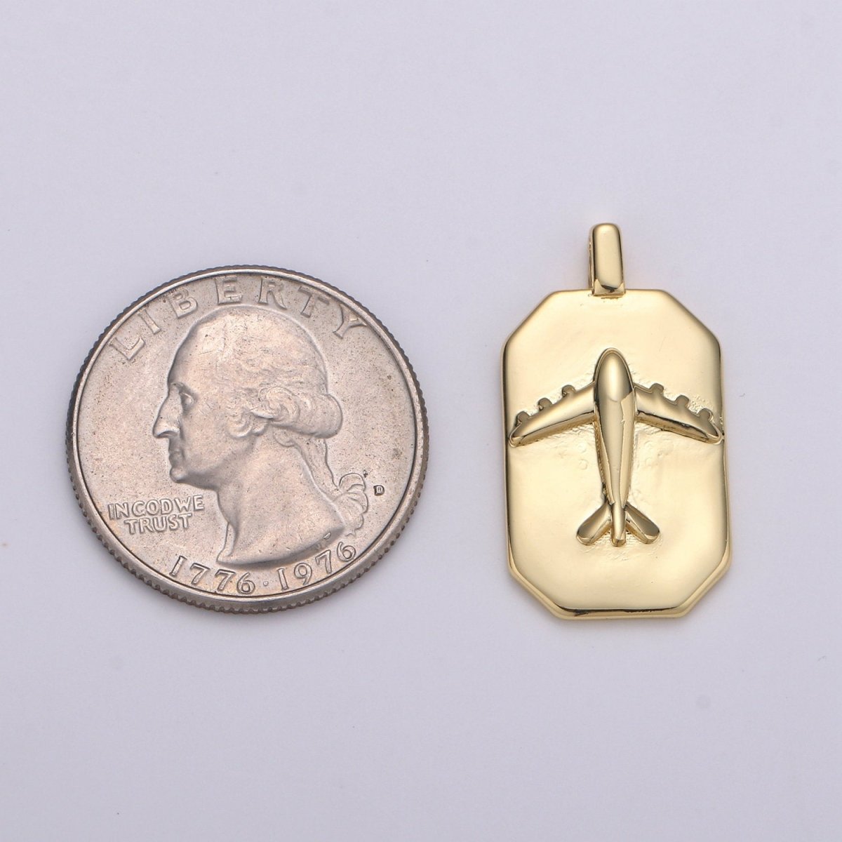 14K Gold Filled Airplane Charm- Rectangle Medallion Airplane Pendant - Dainty Charm - for Necklace Bracelet Earring Component J-035