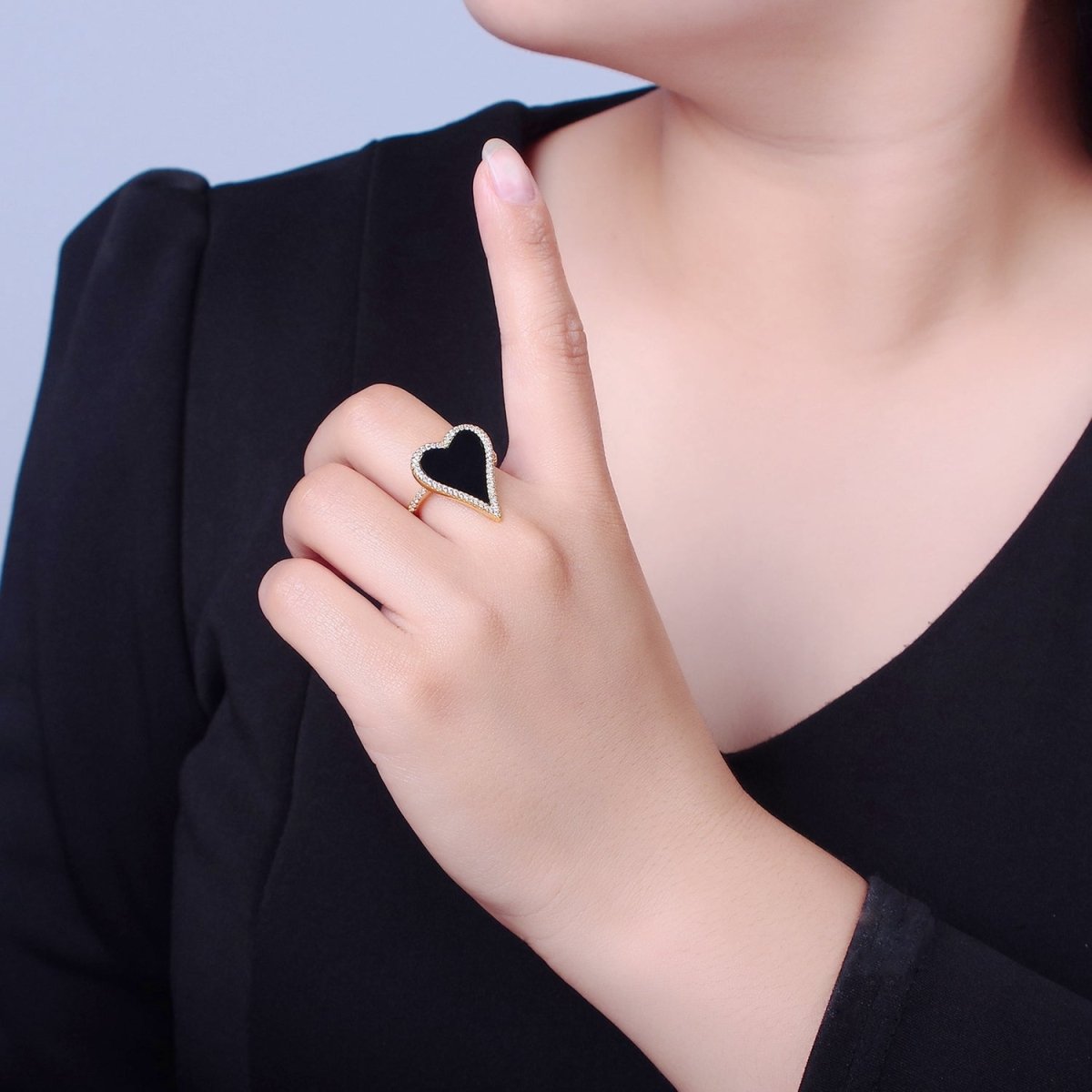14K Gold Filled Black White Heart Ring, Dainty Gold Love Ring, Waterproof Friendship Ring, Pearl Heart Ring O-2198 O-2199