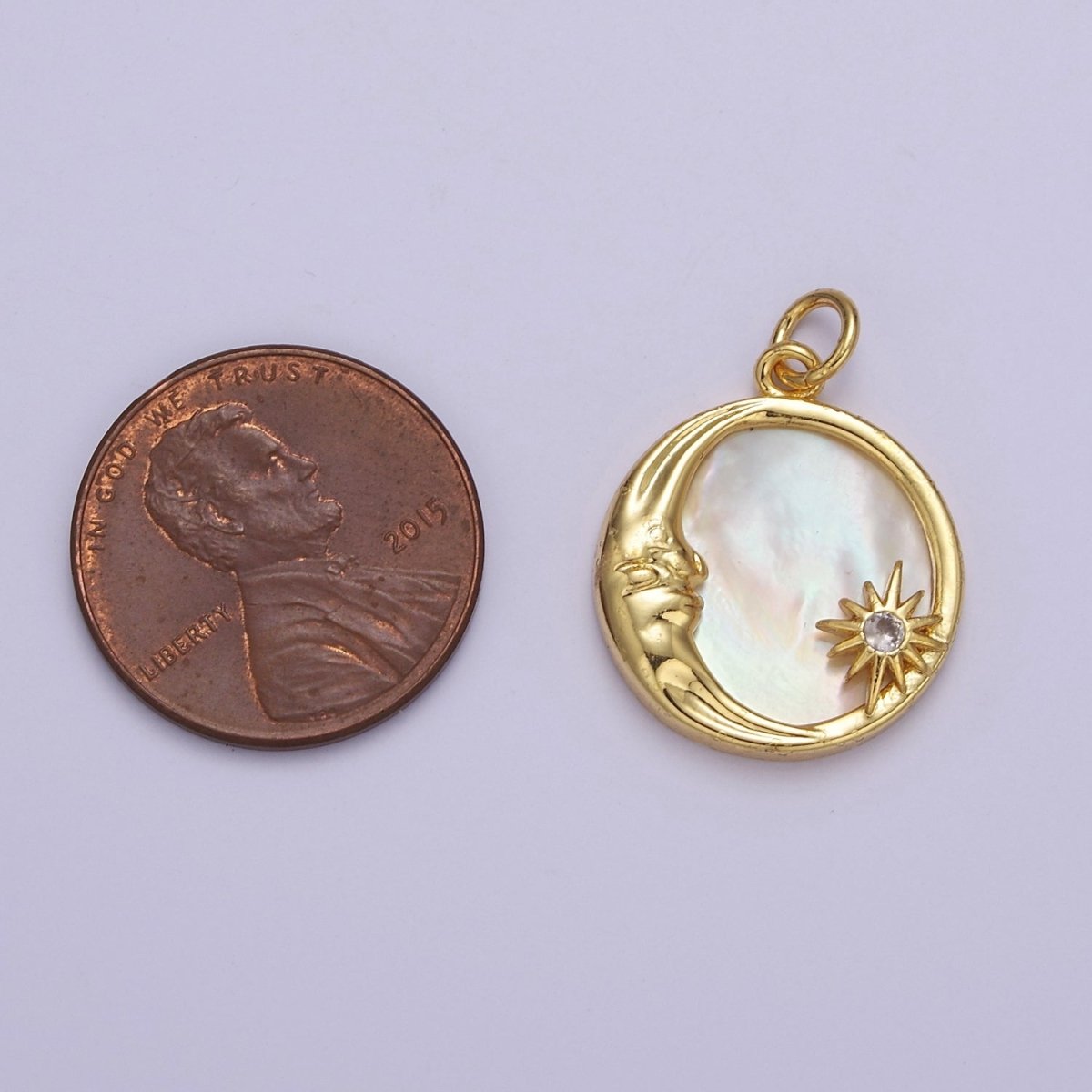 14K Gold Filled Celestial Crescent Moon Star Mother of Pearl Round Charm  E-656