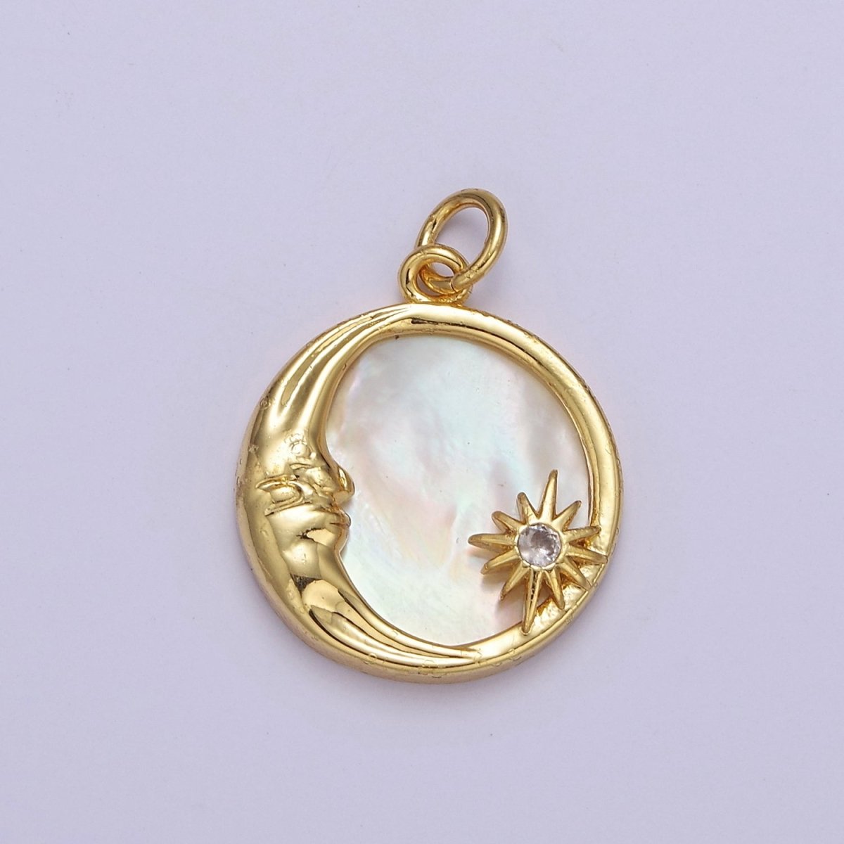 14K Gold Filled Celestial Crescent Moon Star Mother of Pearl Round Charm  E-656