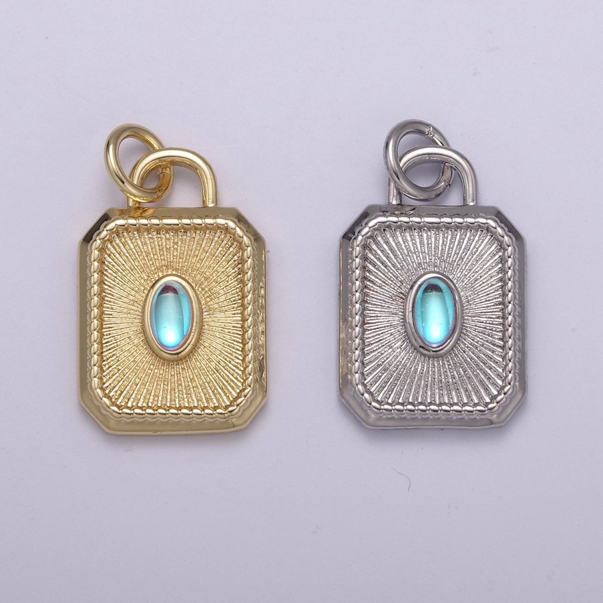14k Gold filled Charm Geometric Tag Tile rectangle charm w/ Moonstone Medallion pendant, Necklace supply, Jewelry makings N-209 N-210