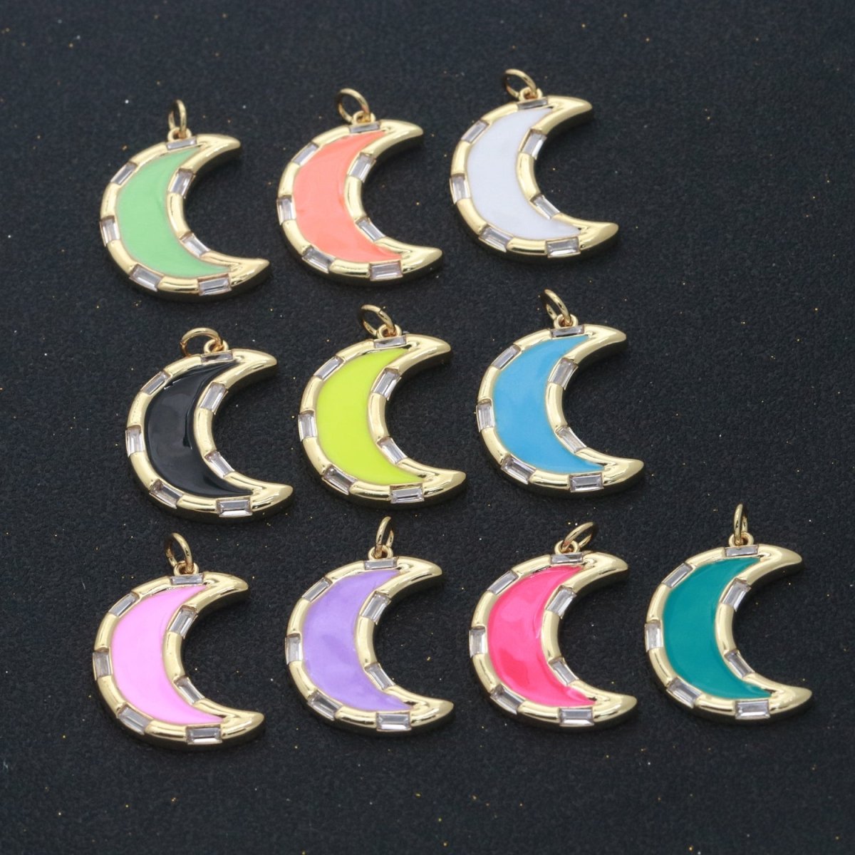 14k Gold Filled Crescent Moon Charm CZ Micro Pave, Enamel Moon Pendant, Celestial Jewelry Cubic Zirconia Charm Bracelet Necklace Earring M-627 - M-636