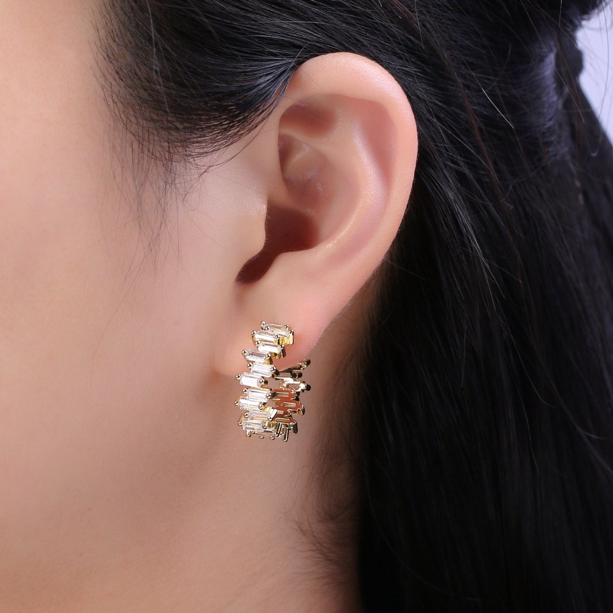14k Gold Filled Hoop Earrings Baguette Hoop Earrings Chunky Earring CZ Diamond Earrings Statement Earrings Hoop Bold Earrings T-360