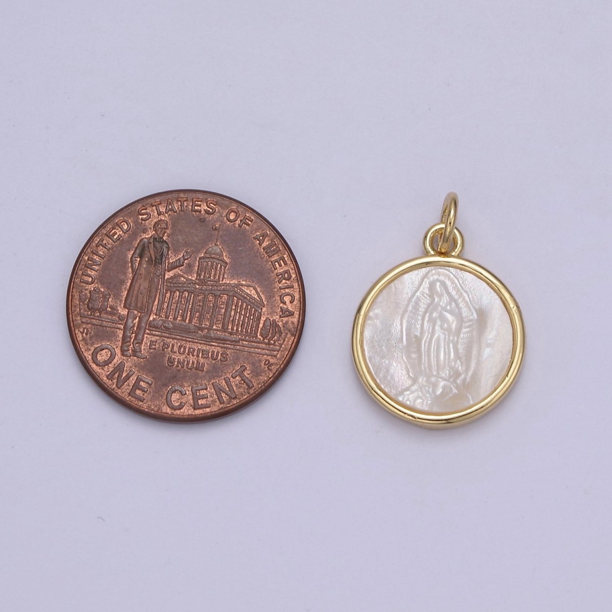 14K Gold Filled Mary Lady Guadalupe Shell Pearl Round Charm in Gold & Silver N-860